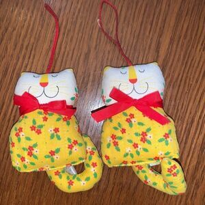 2 vintage Hallmark yellow calico cloth cats Christmas tree ornaments
